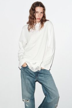 ZARA КОМБИНИРОВАННАЯ ФУТБОЛКА С КРУЖЕВОМ, БЕЛЫЙ