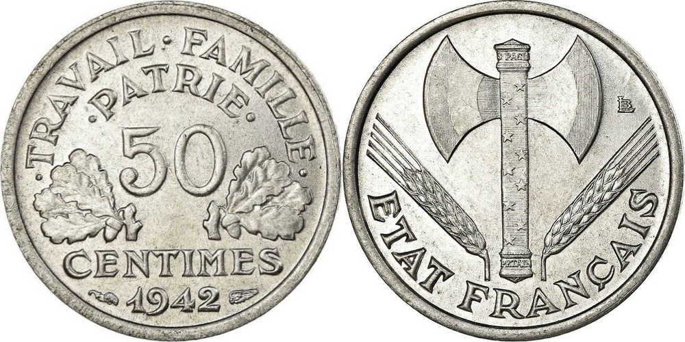 Франция 50 сантимов, 1942 - 1944 Топор XF