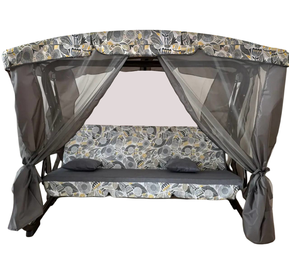 Качели садовые Garden Story 3-х местные Секвойя(каркас антрацит, м/э серый рис.цветы)2 уп.