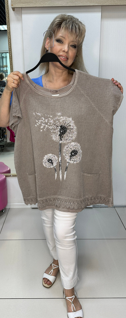 Комбинированная футболка-туника с изображением одуванчиков