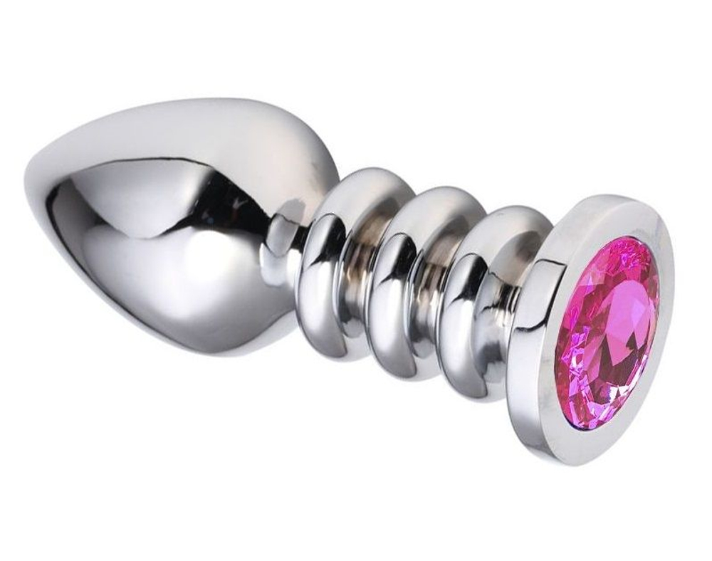 Серебристая анальная пробка на рельефной ножке с розовым кристаллом - 9,5 см. (Цвет: розовый)