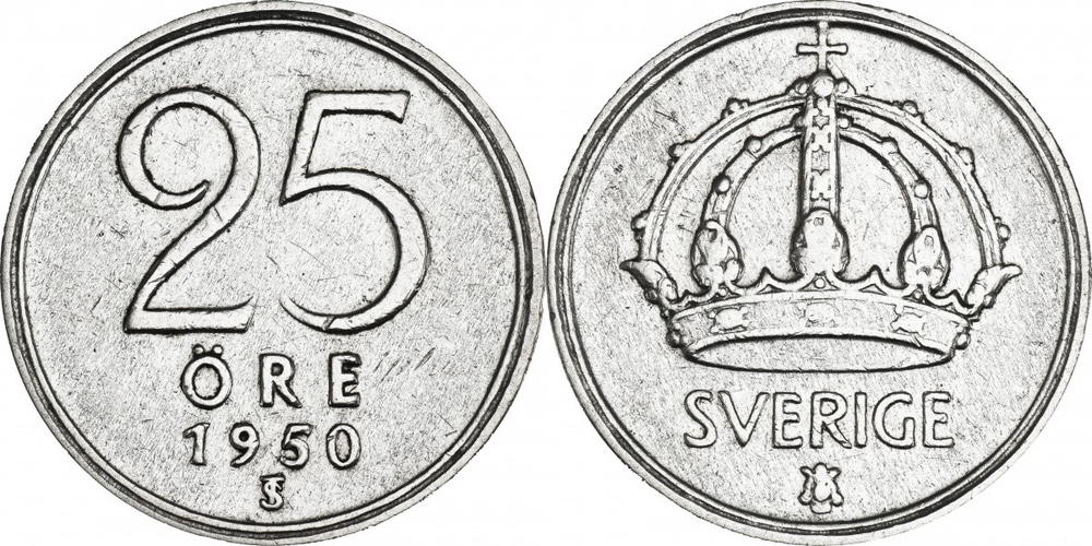 Швеция 25 эре, 1943 - 1950 Король Густав V XF