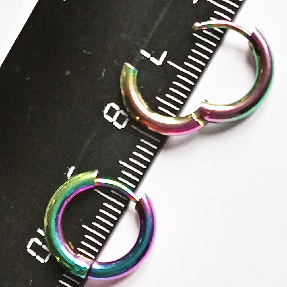 Серьги кольца цветные (бензинка) 10мм для пирсинга ушей. Медицинская сталь, радужное анодирование. Цена за пару