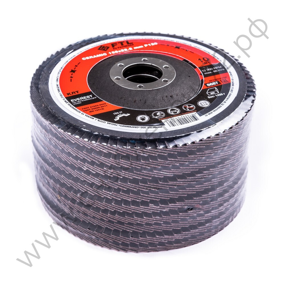 Круг лепестковый с керамическим абразивом для шлифования по нержавеющей стали FTL Everest 27 125 х 22,2 мм P120