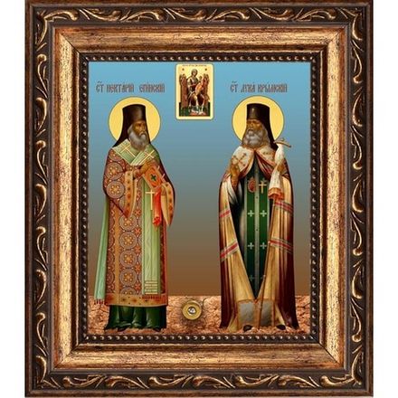 Икона Святителей Нектария Эгинского и Луки Крымского с иконой "Всецарица" с мощевиком.