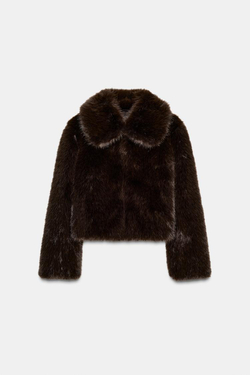 ZARA ШУБА ИЗ ИСКУССТВЕННОГО МЕХА С ВОРОТНИКОМ, КОРИЧНЕВЫЙ