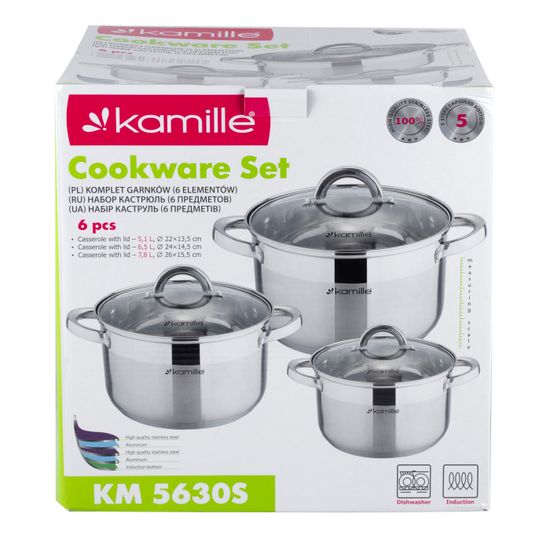 Набор кастрюль 6 предметов Kamille KM-5630S (4,5 л; 5,8 л; 7,8 л) из нержавеющей стали