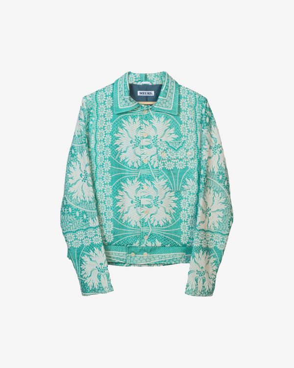 Куртка Укороченная с Крупными Белыми Цветами/White Flowers Cut Jacket голубая - фото 1