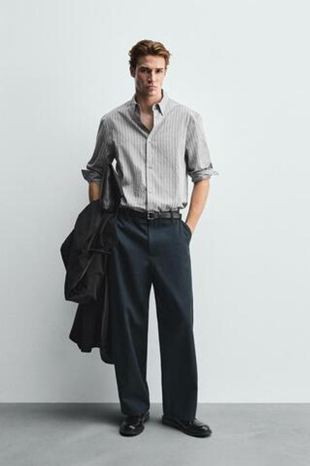 ZARA БРЮКИ-БАНАНЫ ИЗ ЛИОЦЕЛЛА И ХЛОПКА, ВЫЦВЕТШИЙ СИНИЙ