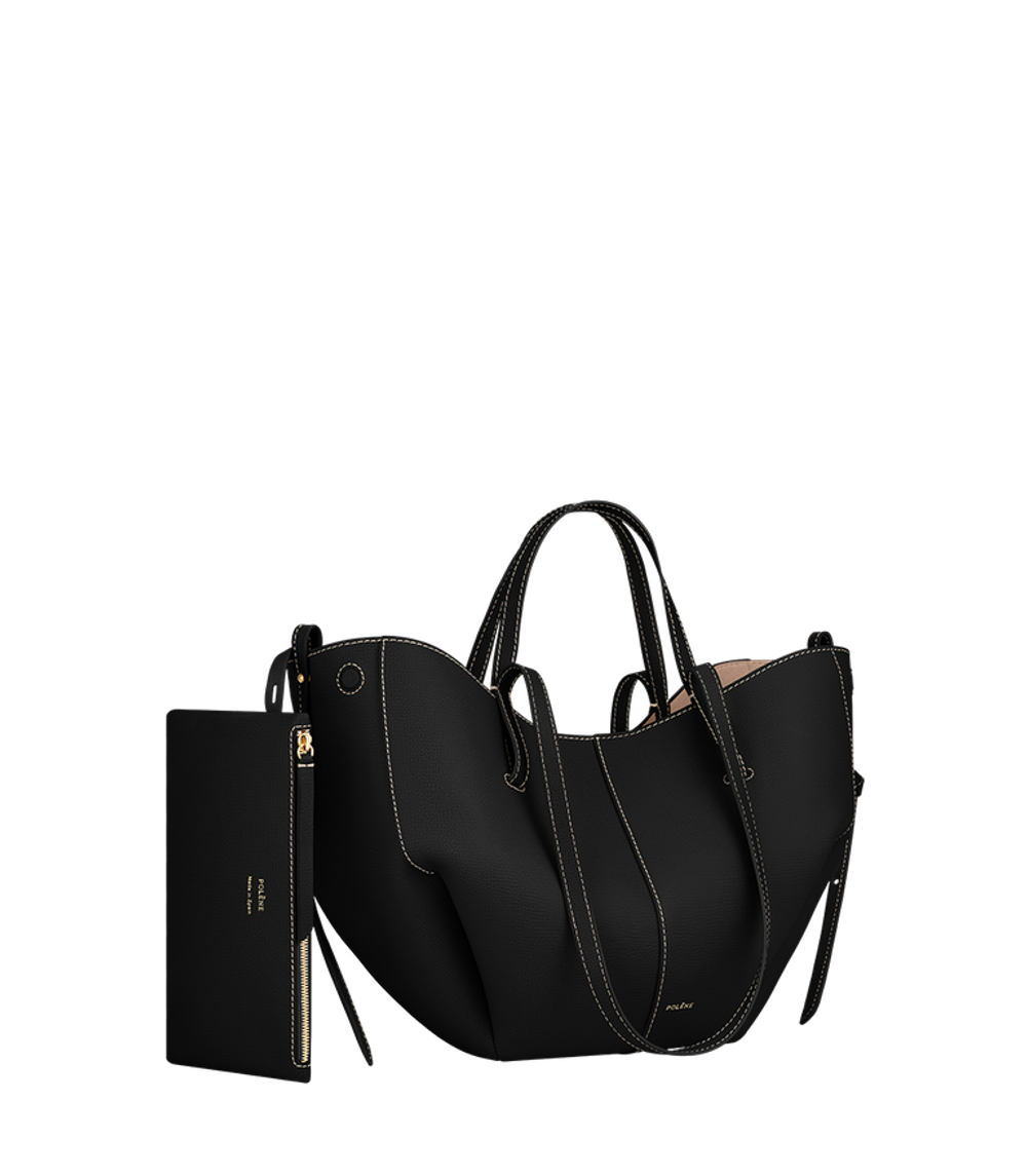 Сумка Polene Cyme Mini EDITION TEXTURED BLACK WITH ECRU STITCHING