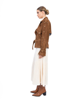 Женская коричневая замшевая куртка-косуха с поясом