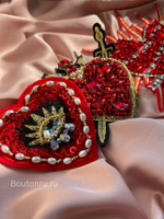 Нашивка сердце со стразами, бисером и пайетками 13х15 см