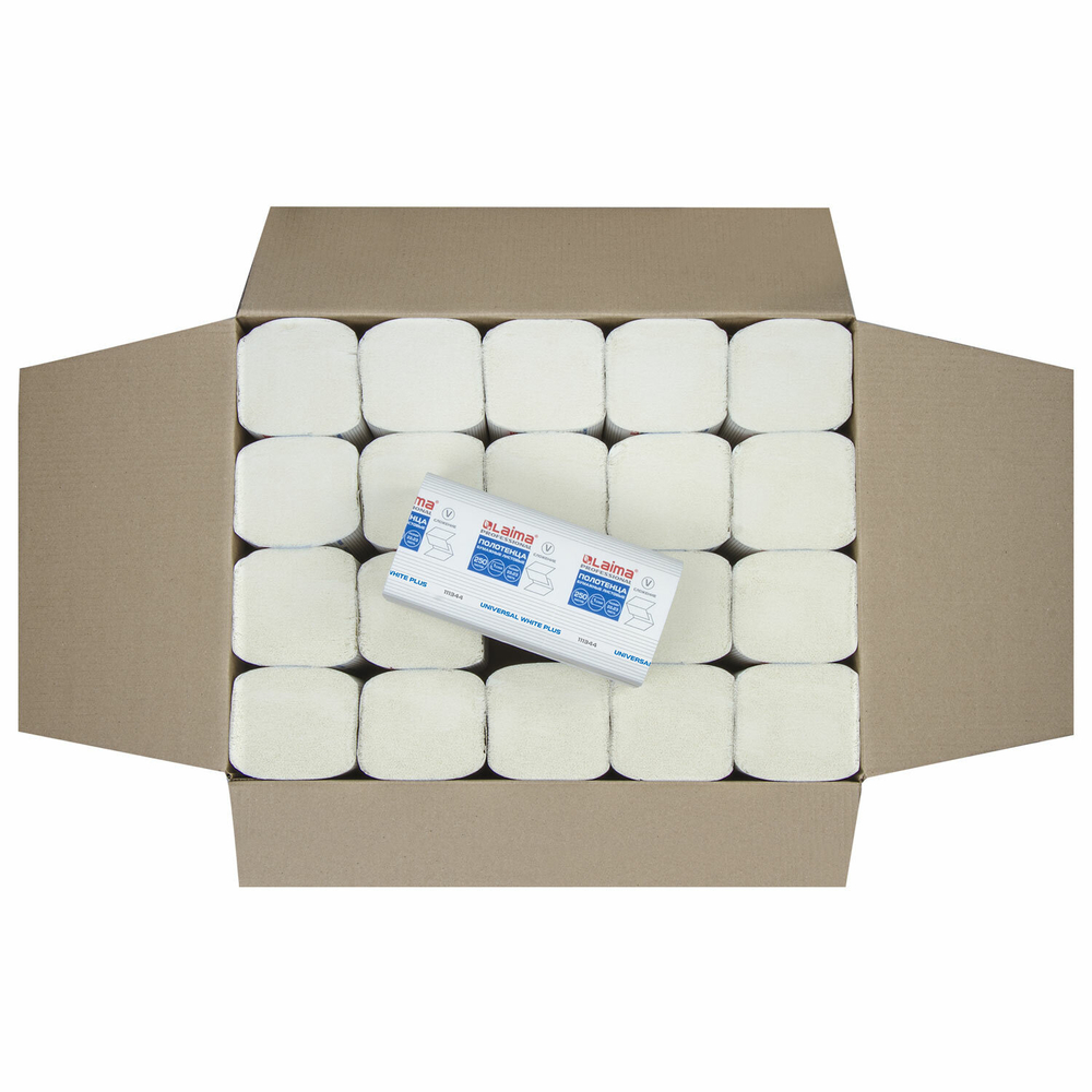 Полотенца бумажные 250 шт., LAIMA (H3) UNIVERSAL WHITE PLUS, 1-слойные, белые, КОМПЛЕКТ 20 пачек, 23×22, V-сложение.