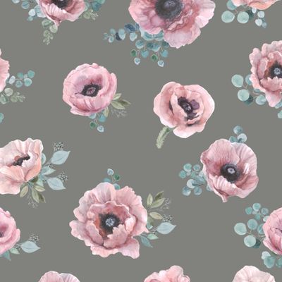 Акварельные маки и эвкалипт на серо-коричневом фоне