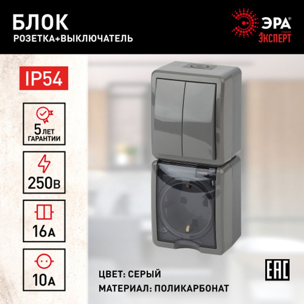 11-7408-03 ЭРА Блок розетка+выкл. двойн. верт. IP54, 16A(10AX)-250В, ОУ, Эра Эксперт, серый