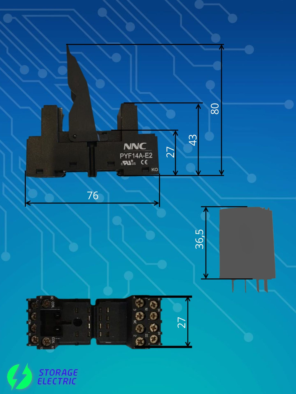 Промежуточное реле 220В AC, 4 контакта 5А (тест и индикация), с колодкой