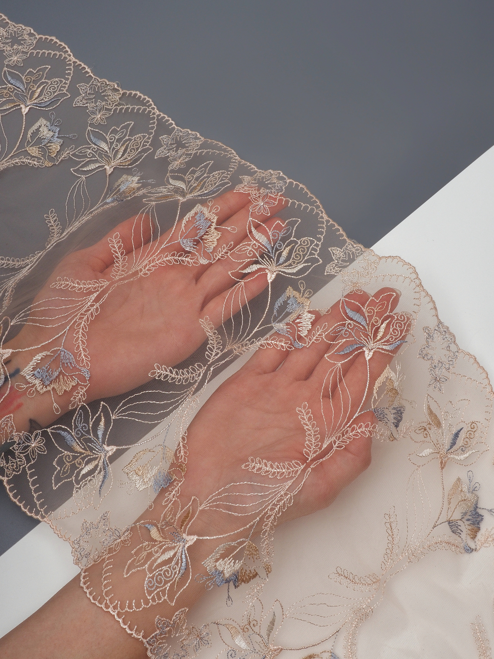 Кружево вышивка на сетке пион с голубым и охрой неэластичная ширина 25 см