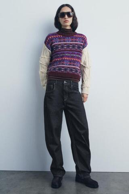 ZARA ЖАККАРДОВЫЙ СВИТЕР С КОНТРАСТНЫМИ ДЕТАЛЯМИ, РАЗНОЦВЕТНЫЙ