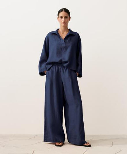 OYSHO Брюки с широкими штанинами из 100% льна, военно-морской