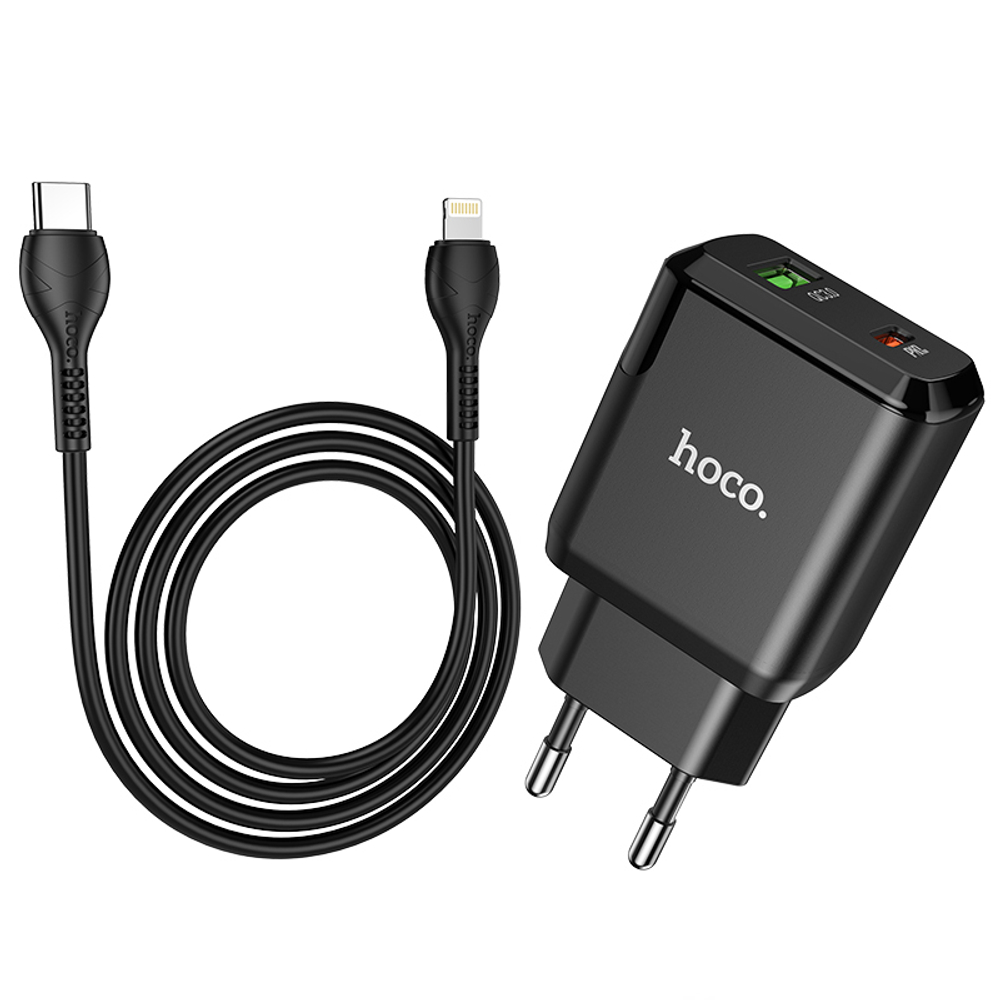 Адаптер питания Hoco N5 Favor dual port PD+QC 3.0 charger с кабелем Lightning to Type-C (USB: 5V max 3.0A/ 20Вт) Черный