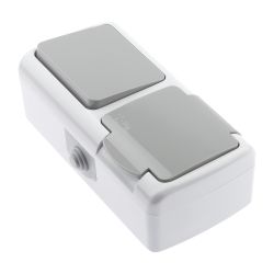 Блок розетка с выключателем Intro Atlantic 5-701-03 одноклавишным 2P+E 10-16А-250В гориз. открытой установки IP54 серый