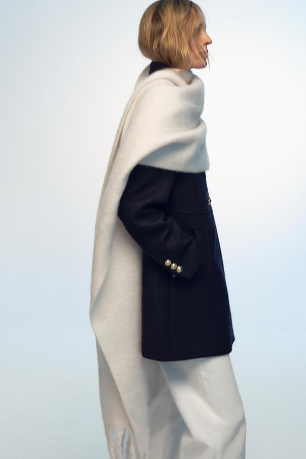 ZARA ШИРОКИЙ ШАРФ С БАХРОМОЙ, ЭКРЮ