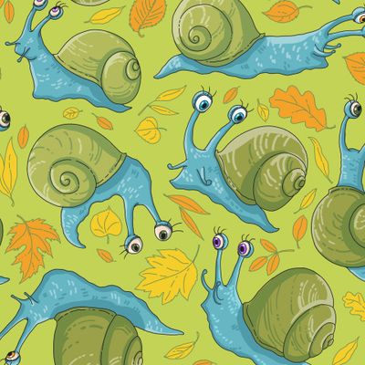 Веселые улитки и листья на желто-зеленом фоне