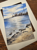 Картина авторская акварельная в паспарту 21*30 см на стену для интерьера "Зимний рассвет на портом в Таганроге"