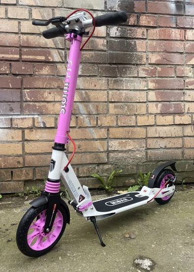 Складной двухколёсный самокат Micar Storm Pro 200 мм с двумя амортизаторами и ручным дисковым тормозом, бело-розовый