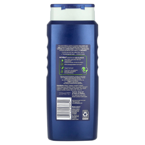 Nivea, Для мужчин, гель для душа 3 в 1, цитрусовый аромат и кофеин, 500 мл (16,9 жидк. унц.)