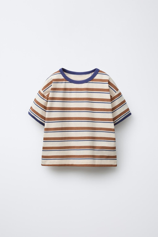 ZARA ФУТБОЛКА В ПОЛОСКУ С ЯРКОЙ ОТДЕЛКОЙ, КОРИЧНЕВЫЙ/ЭКРЮ