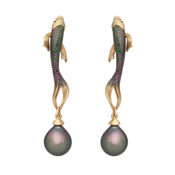 Серьги Рыбы с Морским Жемчугом, Сапфирами и Цаворитами, E0251-0/18