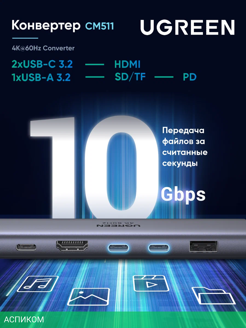 Док-станция Ugreen CM511 Space Gray (45521)