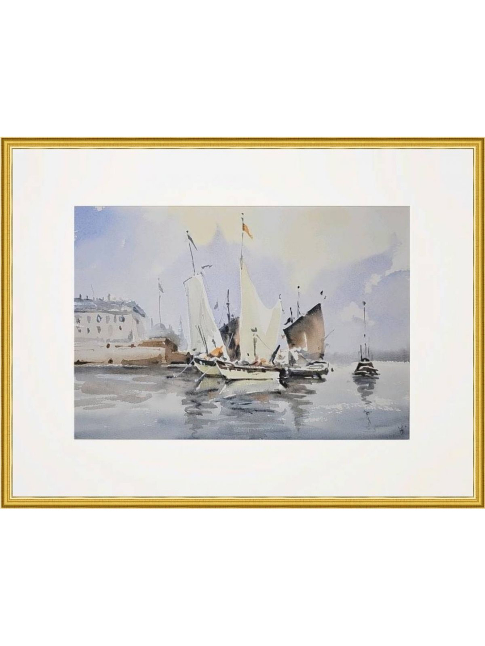 Картина авторская акварельная в паспарту 30х40 см на стену для интерьера "Парусники в гавани"