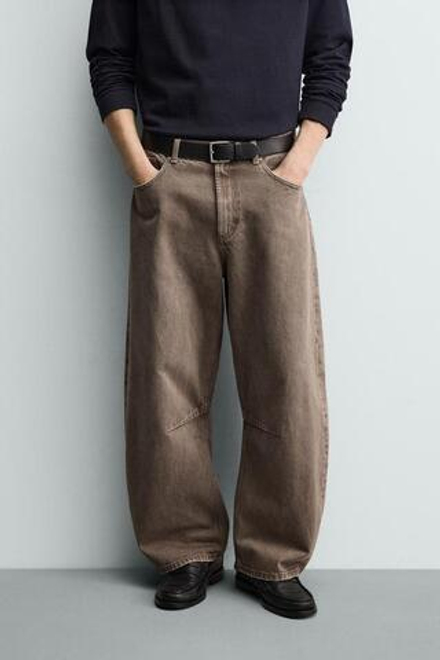 ZARA БРЮКИ BARREL FIT, КОРИЧНЕВЫЙ