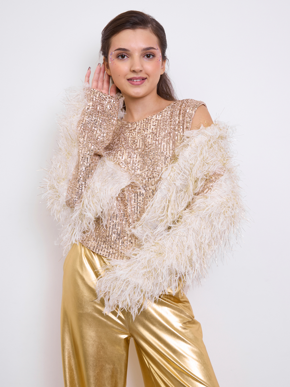 Костюм тройка брючный праздничный с пайетками для девочки золото бежевый