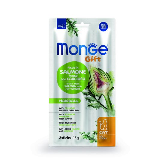 Monge Gift Лакомство для кошек "Мягкие палочки" с Лососем и артишоком для вывода шерсти 15 гр