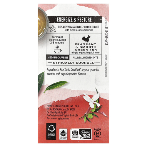 Numi Tea, Органический зеленый чай, зеленый жасмин, 18 чайных пакетиков, 1,27 унции (36 г)