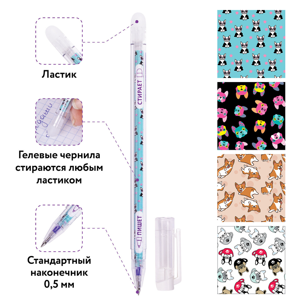Ручка стираемая гелевая ЮНЛАНДИЯ "Щенята", СИНЯЯ, корпус ассорти, узел 0,5 мм, линия письма 0,35 мм, 143660