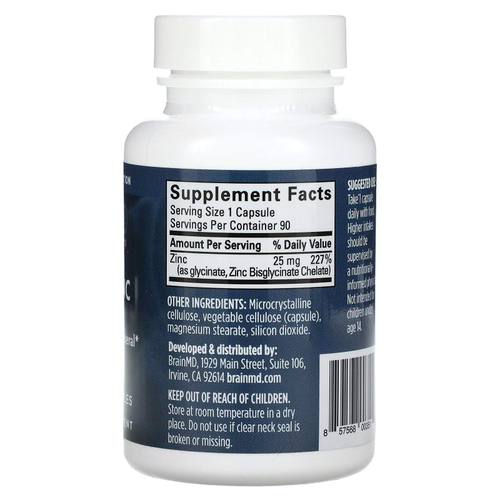 BrainMD, Neuro Zinc (хелат бисглицината цинка), 25 мг, 90 веганских капсул