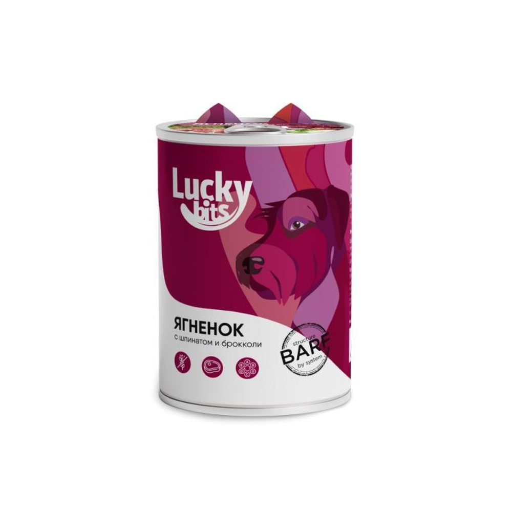 Полнорационный консервированный корм Lucky bits для собак всех пород с 6 месяцев с ягненком, брокколи и шпинатом, 400 г