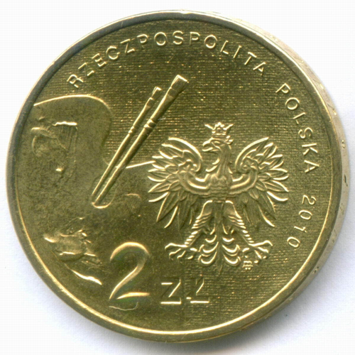 2 злотых 2010 год. Польша. Художник Артур Гротгер. Латунь, диаметр 27 мм. AUNC