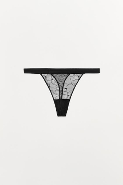 ZARA КРУЖЕВНЫЕ ТРУСЫ-ТАНГА, ЧЕРНЫЙ