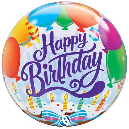 Баблс - сфера 3Д "Happy Birthday торт и шары"
