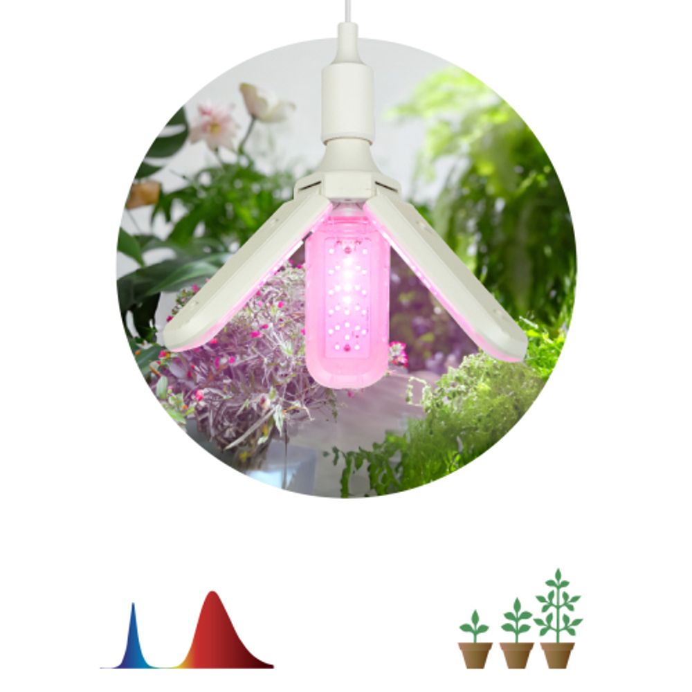 Фитолампа для растений светодиодная ЭРА FITO-24W-RB-E27-FOLD 3-х лепестковая красно-синего спектра 24 Вт Е27 | Фитолампы Е27