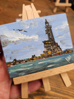 Миниатюра акрилом на холсте 6х8см "Маяк Анива" с мольбертом, авторская ручная работа