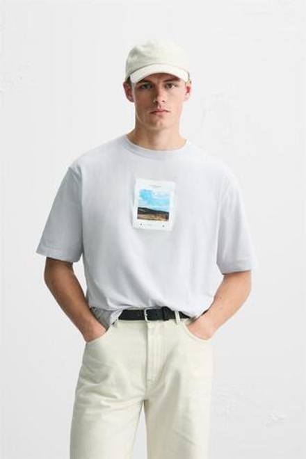ZARA ФУТБОЛКА С ФОТОПРИНТОМ, НЕБЕСНО-ГОЛУБОЙ