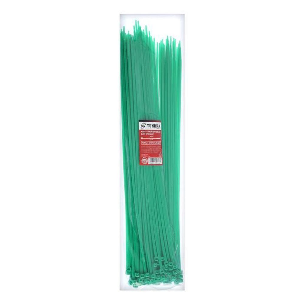 Хомут нейлоновый ТУНДРА krep, для стяжки, 4.8х400 мм, цвет зеленый, в упаковке 100 шт.
