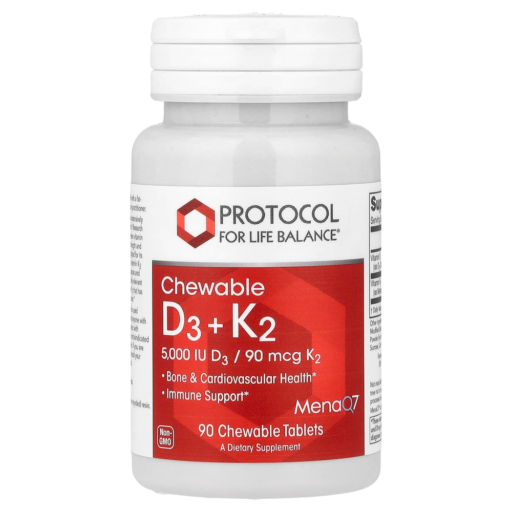Protocol for Life Balance, жевательные витамины D3 и K2, 90 жевательных таблеток
