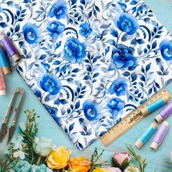 Ткань премиум шелк искусственный Армани цветочная фатназия в голубых тонах